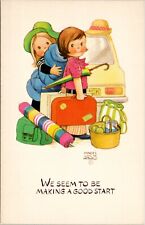 Artist Mabel Lucie Attwell Cute Couple Making a Good Start Luggage Postcard W8 picture