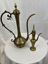 Vintage Set Of 2 Engraved Etched Brass Surahi Dallah Tea Coffee Pots India picture