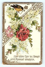 Sparrow and Roses w/ Small White Flowers Gold Bordered Vintage Postcard E5 picture