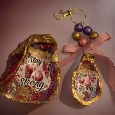 Breast Cancer Awareness Oyster Shell Trinket Dish & Key Chain/Bag Charm Gift Box picture