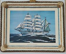 US Coast Guard Barque Eagle 1971 Painting Print In Real Ship Rope n Knot Frame picture
