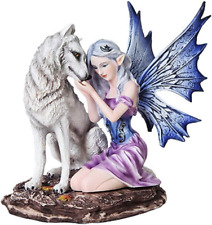6.75 Inch Blue Winged Fairy with White Wolf Resin Statue Figurine picture