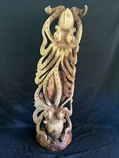 2 Octopus Fighting For A Fish Wood Sculpture/Carving, Entirely Hand Carved picture