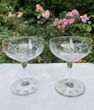 Set of 2 Etched Champagne Coupe Glasses Floral Wheat Dot Pattern 4 Ounce 4.5” picture
