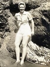 J9 Photograph 1940's Beautiful Woman Pretty Lady Sexy Beach Rocks Ocean picture