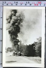 WW2 Era Military BW Photo Snapshot Supply Truck Burning on Road Side picture
