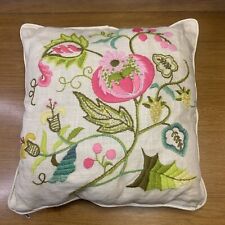 Vintage Crewel Throw Pillow Flowers Linen Floral 13” x 13” Zip Opening Boho picture