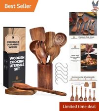 Premium Teak Cooking Utensils Set with Holder - Spoon Rest & Hanging Hooks picture