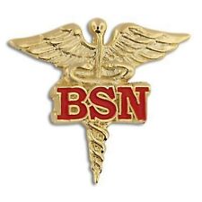 BSN BACHELOR OF SCIENCE NURSING NURSE GOLD CADUCEUS RED MEDICAL BADGE PIN picture