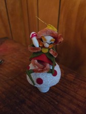 Christmas Elf Paper Papier Mache Chenille Sitting Mushroom in Hand Ornament HTF picture