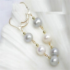 8-9mm White And Gray Mashup Pearl Earrings 14k Gold Hook Chandelier Beaded picture