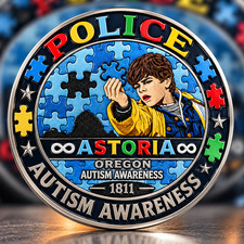 1. Astoria Oregon Autism Awareness 2 Side Challenge Coin Police Puzzle Collector picture