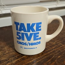 Motorola "Take Five" CMOS/HMOS Advertising Coffee Mug Cup White Blue grt.cond.. picture