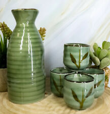 Ebros Japanese Design Porcelain Wetlands Reed Rice Wine Sake Flask W/ 4 Cups Set picture
