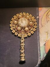 Vtg Jeweled Filigree Hand Held Mirror Gold Tone Faux Pearls &howlight Signed SF picture
