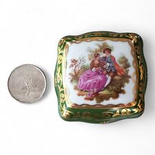 Vintage La Reine Limoges France Porcelain Green Gold Romantic Couple Trinket Box picture