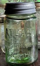 ATLAS STRONG SHOULDER MASON APPLE GREEN PINT FRUIT JAR HINT OF AMBER SWIRL # 8 picture