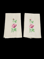 Set of 2 Vintage Decorative Tea Towels Cream Off White Pink Embroidered Rose picture