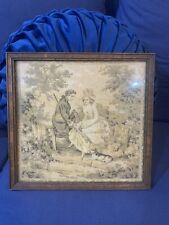 Antique Victorian Framed Needlework Needlepoint of Man Woman Dog Wood Frame picture