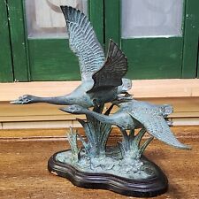 Vintage Bronze Geese in Flight Sculpture Patina Wildlife Decor Figurine On Base picture