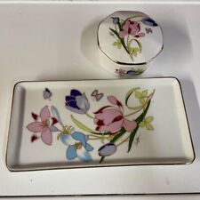 Vintage Empress by Haruta Octagon Porcelain Lidded Trinket Box & Tray MCM Floral picture