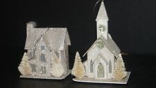 Putz Lighted Cardboard Glitter House & Church Christmas Tree Ornament HO Scale picture