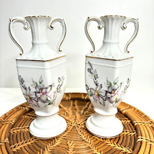 Vintage L & M Bond Ware Japan Pair Bud Vases White Floral Gold Trim Porcelain 8
