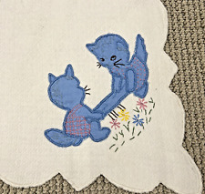 vintage hand appliqued square card table tablecloth blue kittens scalloped edge picture