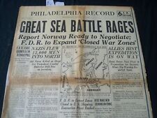 1940 APRIL 10 PHILADELPHIA RECORD NEWSPAPER - GREAT SEA BATTLE RAGES - NT 7248 picture