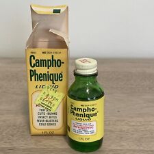 Vtg Campho-Phenique Green Glass Bottle With Liquid Contents  Box 1 Fl Container picture