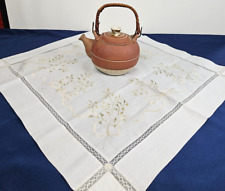 Vintage Thyme & Ribbons Embroidered Table Topper~ Inset Lace~ Chinoiserie 23