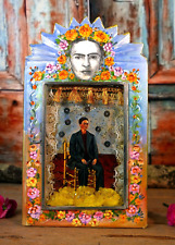 Tin Retablo Frida Kahlo Handmade Hand Painted Glass Door Opens Mexican Folk Art picture