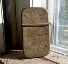 1890s BRASS WOOLDRIDGE NATURAL GUANOS FERTILIZER MATCH SAFE & POSTAGE STAMP BOX picture