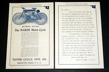 1902 OLD MAGAZINE PRINT AD, THE MARSH MOTOR CYCLE, A MILE IN 2 MINUTES OR LESS picture
