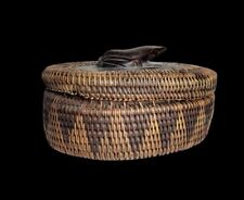 Antique Lombok Island Indonesia Rattan Woven Basket Carved Wood Frog Decorative  picture