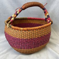 African Bolga Ghana Market Large  Basket Hand Woven Leather Wrap Handle Colorful picture