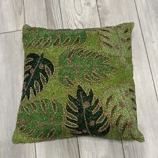 Pier 1 Sequins & Beaded Green/Brown  Leaf Print Pillow 13”x 13” Preowned picture