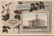MADERA, California Christmas Greetings Postcard / Court House View / 1914 Cancel picture