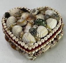 Vintage Seashell Jewelry Trinket Dresser Box Heart Shaped Red Lined 5.5” picture