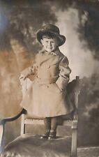 RPPC Happy Little Boy in Hat & Coat Stands on Chair Studio Portrait Postcard picture