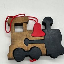 Wood Train Puzzle Christmas Tree Ornament Brown with Red Bell picture