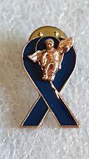 VINTAGE GOLD TONE BLUE RIBBON GUARDIAN ANGEL COLON CANCER AWARENESS LAPEL PIN picture