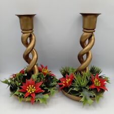 Vintage Christmas Candle Holders Twisted Plastic Brass-look Poinsettias Faux picture