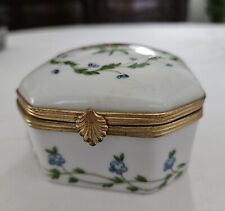 Limoges Ceralene Porcelain Hand Painted Trinket Box With Red And Blue Flower picture