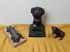 Bronze Pug Statues Lot Of 3 Bust, Laying Down And Sitting picture
