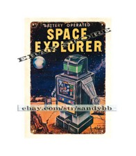 1959 SPACE EXPLORER BATTERY-OPERATED ROBOT toy metal tin sign living room wall picture