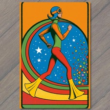 POSTCARD Retro Futuristic Figure Walking Colorful Cosmic Background Psychedelic picture