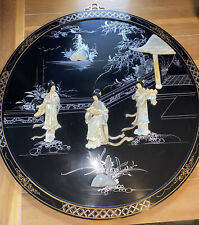 30” Vintage Chinese Wall Art Round Black Lacquer Mother of Pearl Geisha Plaque picture