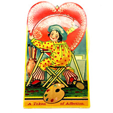 c1930s Cute Clown Girl Painting Mechanical Valentine Card Die Cut Germany 5V picture