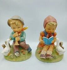 Vintage Japan Signed Erich Stauffer Music Boy & Girl w/Goose Figurines Dutch EUC picture